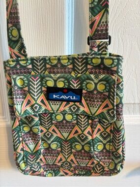 Small Kavu Geometric Green and Pink Patterned Canvas Crossbody Bag